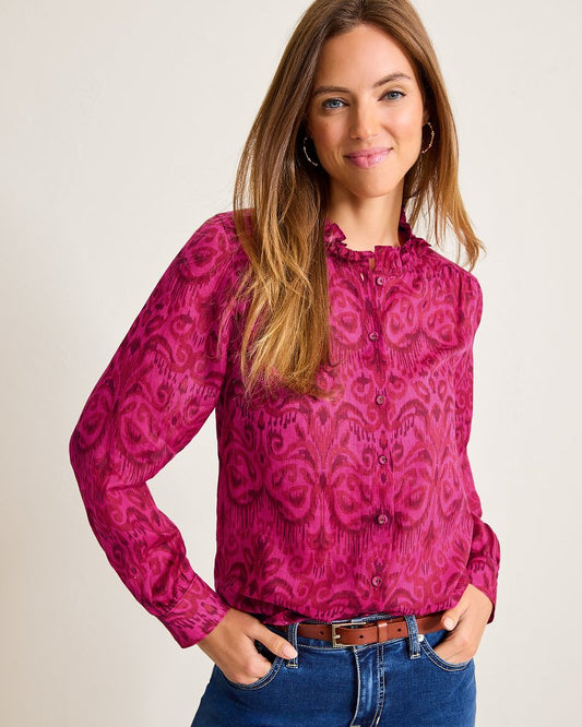 Tommy Bahama Best Price - Seaside Ikat Long-Sleeve Ruffle-Neck Top